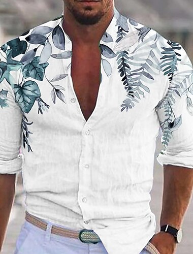  Herren Pflanze Hemd leinenhemd Lässiges Hemd Langarm Moderne zeitgenössische Brautkleider schlicht Hawaiihemd Urlaub Ausgehen Strand Sommer Frühling Umlegekragen Bedruckt Button-Down Blau Purpur Grün