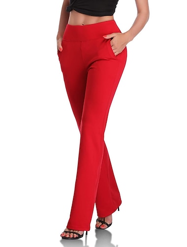  Mujer pantalones de traje Pantalones acampanados Poliéster Bolsillos laterales Longitud total Rojo