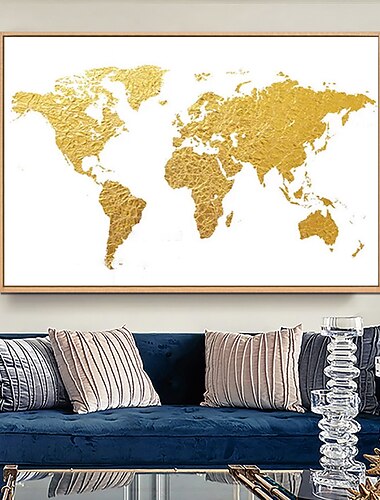 Handgemachtes Ölgemälde auf Leinwand, Wandkunst, Dekoration, moderne Paste, Blattgold, abstrakte Weltkarte für Wohnkultur, gerolltes, rahmenloses, ungedehntes Gemälde