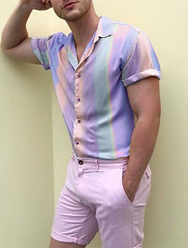  Herren Hemd Sommerhemd Knopfhemd Camp-Shirt Kubanisches Hemd Purpur Regenbogen Kurzarm Grafik-Drucke Umlegekragen Strasse Casual Button-Down Bekleidung Modisch Klassisch Komfortabel Groß und hoch
