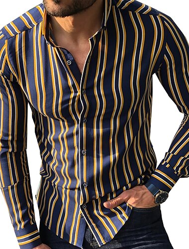  Men's Shirt Summer Shirt Casual Shirt Button Up Shirt Striped Shirts White Yellow Long Sleeve Striped Turndown Vacation Street Clothing Apparel Cotton Cotton Blend Fashion Leisure Comfortable