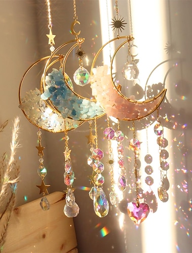  Atrapasueños de luna colorida, atrapasol de cristal, carillón de viento, regalo hecho a mano, carillón de viento, ornamento, colgante de pared, decoración al aire libre