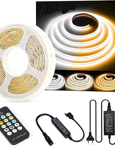  tira de luces led cob blanco cct sintonizable 3200ledscri90 16.4ft / 5m regulable 2700k-6500k 24v kit de luces de cinta led con fuente de alimentación con certificación ulpara debajo del gabinete