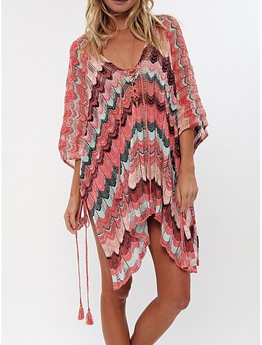  Women's Cover Up Beach Dress Beach Wear Mini Dress Split Knit Fashion Hot Stripe V Neck 3/4 Length Sleeve Loose Fit Outdoor Daily Yellow Red 2023 Summer Spring One Size