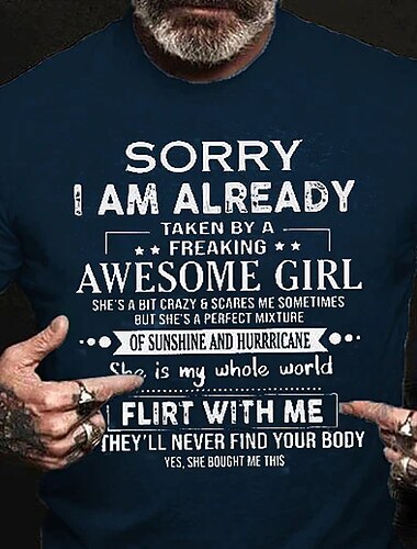  Herren Grafik Buchstabe Tut mir leid, dass ich bereits von einem verdammt tollen, perfekten Mädchen verführt wurde T Shirt T-Shirt 100% Baumwolle Kurzarm Grafik Hemd Wein Schwarz Weiß Bequemes T-Shirt