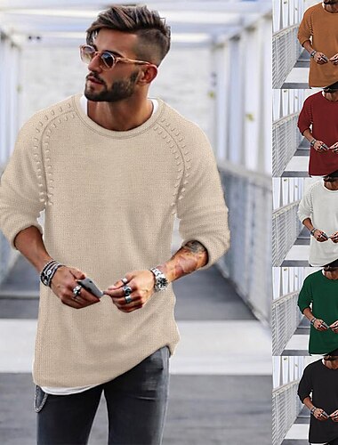  男性用 ニット プルオーバー ニット レギュラー ソリッド クルーネック セーター 日常 衣類 ラグランスリーブ 冬 グリーン ブラック M L XL