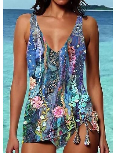  Mujer Normal Bañadores Tankini 2 piezas Bermudas Traje de baño 2 Piezas Estampado Floral Flores Ropa de playa Verano Trajes de baño