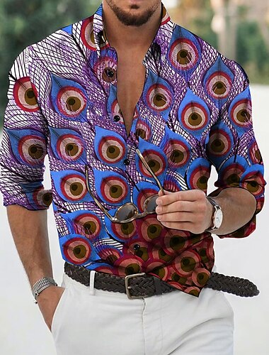  Herren Feder Hemd Aloha-Shirt Langarm Modisch Designer Brautkleider schlicht Outdoor Urlaub Täglich Frühling Sommer Ständer 3D-Druck Button-Down Schwarz Weiß Schwarz / Grün Gelb Armeegrün