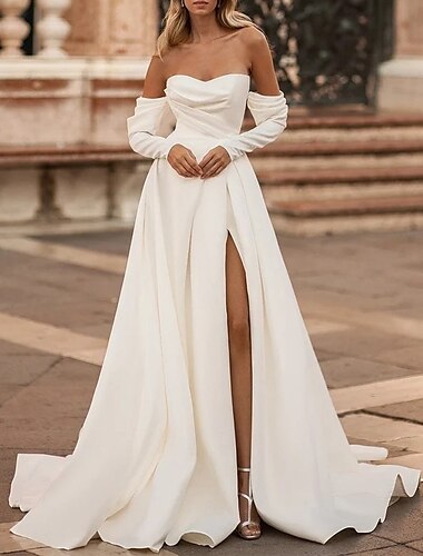  простые свадебные платья трапециевидной формы с открытыми плечами и длинными рукавами, атласные свадебные платья со шлейфом и разрезом спереди, сплошной цвет 2024