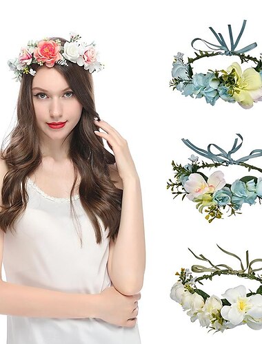  diadema de flores rosa floral boho guirnalda guirnalda aro de pelo tocado bohemio tocado mujeres niñas corona hojas bandas para el cabello decoración de fiesta cosplay traje hecho a mano accesorios