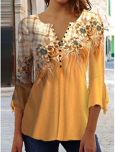  Damen T-Shirt Basic Floral Knöpfe Druck 3/4 Länge Ärmel Reguläre Oberteile Rundhals Lässig Wochenende Weiß Gelb