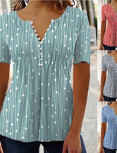  Γυναικείο T-Shirt Χένλεϊ Μπλούζα Τουνίκ Βασικό Casual Επικαλύψεις Εκτύπωση Κουμπιών Κοντό Μανίκι Κανονικά Μπλουζάκια V Λαιμόκοψη Casual Κόκκινο Μπλε Πράσινο Γκρι
