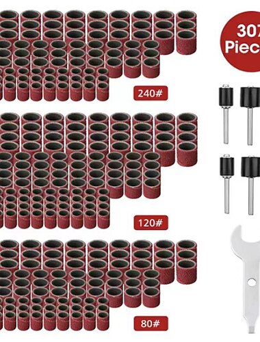  307-delige trommelschuurmachineset schuurtrommelkit 300-delige schuurbandhulzen (80/120/240 ) + 6-delige trommeldoorns voor dremel-rotatiegereedschap (2,35 mm/3,17 mm) + 1 combinatiesleutel