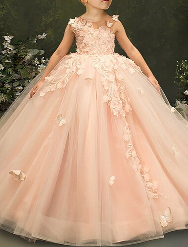  Ballkjol Sweep  Brush Tåg Blomsterflicka Klänning Första Kommunion Flickor Söt Prom Klänning Satin med Applikationer Mini Brudpassform 3-16 År