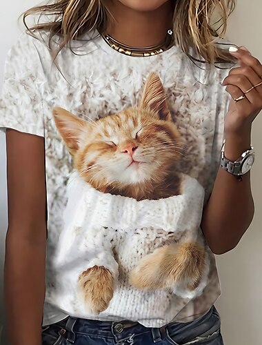  Damen T-Shirt Basic Katzen-Print Kurzarm Normale Oberteile Rundhalsausschnitt Alltag Wochenende Weiß