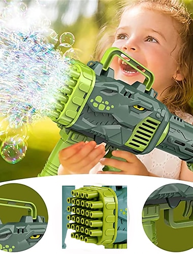  Pistolet à bulles 32 trous machine à bulles de dinosaure avec lumière drôle électrique automatique fabricant de bulles jouet de fête en plein air cadeau pour enfants