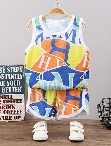  2 Stück Kinder Jungen Tank-Top und Shorts Outfit Cartoon Tarnung Ärmellos Baumwolle Set Lässig Cool Täglich Sommer Frühling 3-7 Jahre Weiß Blau Himmelblau