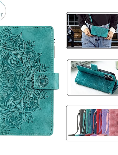  Funda billetera de PU de cuero embellecido vintage para iPhone 16e 16 15 Pro Max Plus 14 13 12 11 Pro Max Mini X XR XS Max 8 7 Plus – Funda abatible con cremallera soporte para tarjetas y correa