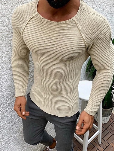  Men's Sweater Pullover Sweater Jumper Ribbed Knit Cropped Knitted Crewneck Going out Casual Daily Clothing Apparel Spring &  Fall Black Beige S M L