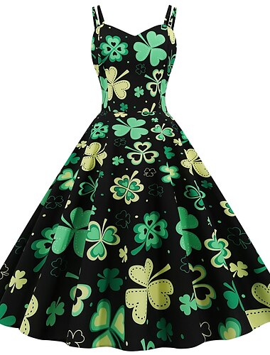  Retro / vintage Lata 50. sukienka na wakacje Sukienka w stylu lat 20-tych Sukienka huśtawka Irlandczyk koniczyna Lucky Clover Damskie Bal maskowy dzień Świętego Patryka Codzienne Wieczór panieński