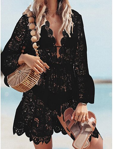  Damen Minikleid Weißes Kleid Spitzenkleid Boho-Kleid Überwurf Mode Lässig Boho Trompetenärmel Outdoor Urlaub Strand Lässiger Schnitt Einfach Langarm V Ausschnitt Schwarz Weiß Sommer Frühling