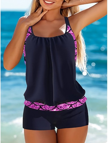 Mujer Normal Bañadores Tankini 2 piezas Bermudas Traje de baño 2 Piezas Estampado Graphic Cuello Alto Ropa de playa Verano Trajes de baño