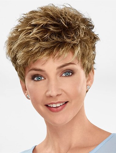  perruque pixie fraîche avec bonnet respirant et couches rasées / nuances multi-tons de blond argenté brun et rouge