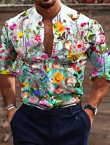  Voor heren Bloemig Overhemd Overhemd met knopen Lange mouw Modieus Ontwerper Casual Buiten Vakantie Dagelijks Herfst winter Opstaand Afdrukken Button-omlaag Wit + rood Zwart Wit Groen Grijs