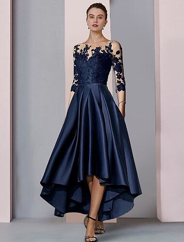  A-Linien Mutter der Braut Kleid Hochzeitsgast Elegantes High Low Rundhals Asymmetrisch Tee Länge Satin Spitze 3/4 Ärmel mit Falten Applikationen 2025 kostenlose Maßanfertigung