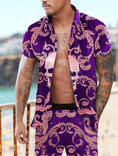  Herren Blumen Schädel Hemden-Sets Hemd Set Sommer Hawaiihemd Grafikhemd Kurzarm Umlegekragen Mode Hawaiianisch Designer Outdoor Urlaub Lässig 3D-Druck Button-Down Sommer Frühling Wein Purpur Grün