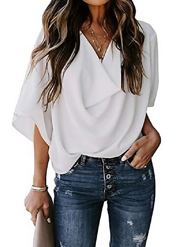  Damen Hemd Bluse Mandel Schwarz Weiß Glatt Langarm Casual Basic V Ausschnitt S