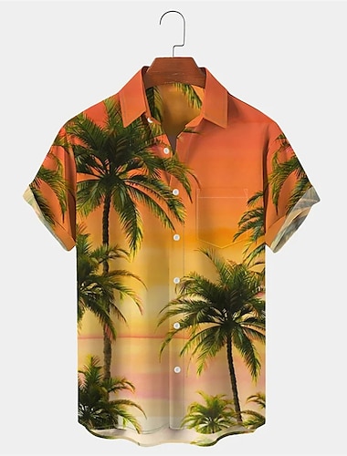  Herr Palmträd Tropiska växter Skjorta Hawaii skjorta Aloha skjorta Kort ärm Skjorta Nedvikt Tropisk Mode Hawaiisk Utomhus Gata Hawaiisk Rubinrött Blå Orange S M L