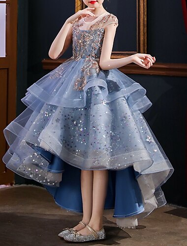  kinderkleidung Mädchen Party Kleid Pailletten Kurzarm Leistung Hochzeit Rüschen Gitter Modisch Prinzessin Polyester Midi abendkleider Schaukelkleid Sommer Frühling 3-12 Jahre Blau