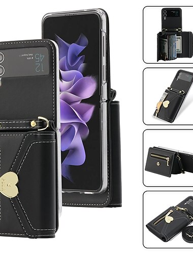  telefon Kılıf Na Samsung Galaxy Z Odwróć 6 Z Flip 5 Z Flip 4 Z Flip 3 Torebka Torebka Etui na karty portfela Trzepnięcie Zamek ze zdejmowanym paskiem na ramię Solidne kolory Skóra PU