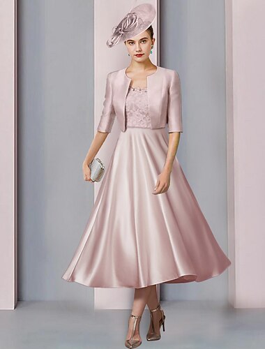  Twee Delige A-Lijn Moeder van de Bruid Jurk Bruiloft Gast Kerk Elegante Partij Scoop Hals Thee Lengte Satijn Kant Halve Mouw met Plooien Derby Jurk Race Day Dress 2025 gratis op maat gemaakt