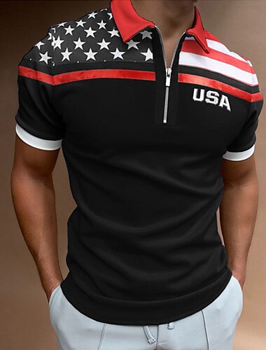  Herren Golfhemd Poloshirt mit amerikanischer Flagge Strasse Casual Umlegekragen Viertel Postleitzahl Kurzarm Modisch Brautkleider schlicht Fahne Zip Viertel Postleitzahl Frühling Sommer Regular Fit