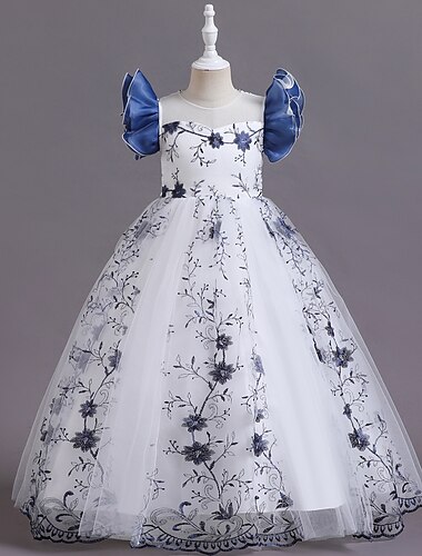  kinderkleidung Mädchen Kleid Party Kleid Blumen Blume Kurzarm Leistung Geburtstag Gitter Bestickt Elegant Prinzessin Polyester Maxi abendkleider Sommer Frühling 4-13 Jahre Rosa Blau Purpur