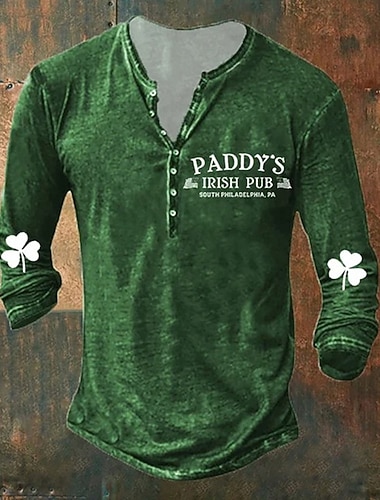  חולצת הנלי לגברים ביום st.patrick's day graphic st. יום פטריק תלתן ביגוד ביגוד הנלי הדפס תלת מימד חיצוני קז'ואל שרוולים ארוכים מעצב אופנה בהדפסת כפתורים