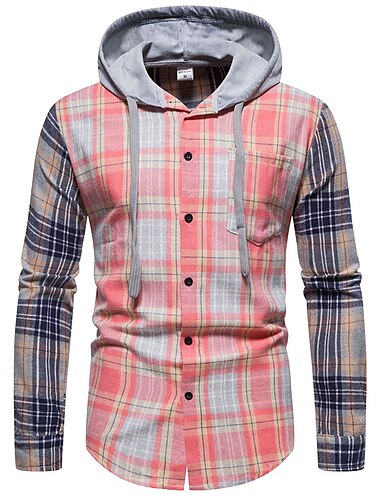  Herren Hemd Freizeithemd Knopfhemd Overshirt Kapuzenhemd Karierte Hemden Rosa Dunkelmarine Blau Grün Kaki Langarm Karo Mit Kapuze Urlaub Straße Mit Kapuze Bekleidung Baumwolle Baumwollmischung