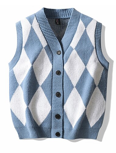  Herren Pullunder Strickjacke Gerippt Stricken Taste Strick Geometrisch V Ausschnitt Moderne zeitgenössische Freizeitskleidung Ausgehen Bekleidung Ärmellos Herbst Winter Schwarz Blau M L XL