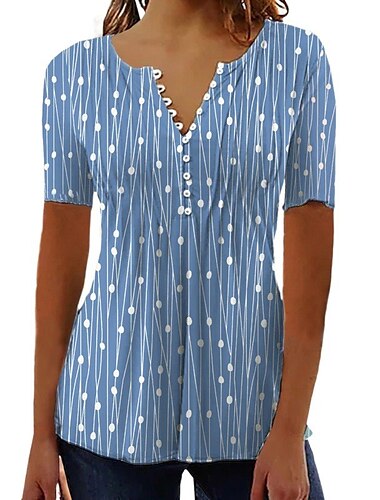  Damen T-Shirt Henley Bluse Tunika Basic Legere Patchwork Knöpfe Druck Kurzarm Regelmäßige Tops V-Ausschnitt Legere Rot Blau Grün Grau