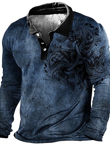  Herren Stammes Poloshirts Golfshirt Langarm Polo-Shirts Hemden mit Kragen Vintage Lässig Urlaubskleidung Festivalkleidung Party-Outfits Knöpfe 3D-Druck Blau Braun Grün