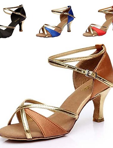  Femme Chaussures Latines Salon Chaussures de Salsa Danse en ligne Utilisation Intérieur Samba Satin Talon Mince haut talon Boucle Rouge Marron Bleu