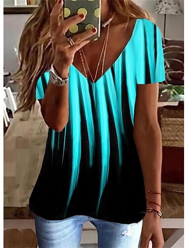  Damen T Shirt Spitzenreiter ausgehen Graphic Tuniken Basic Kurzarm V Ausschnitt Normale Oberteile Täglich Wochenende Bedruckt Blau
