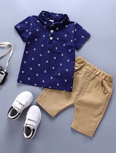  ２個 子供 男の子 Tシャツ＆ショーツ 衣装 グラフィック 半袖 コットン 設定 アウトドア クール 日常 夏 春 3～7歳 ホワイト ネービーブルー ブルー