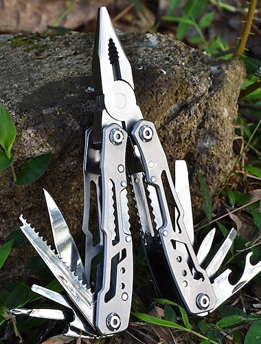  1 RVS klaptang met schroevendraaier, zaag, mes, flesopener voor camping, tactisch, huishoudelijk gereedschap