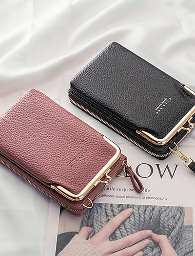  svart crossbody-väska i konstläder med guldramlås - kompakt och elegant telefonväska för kvinnor för dagligt bruk