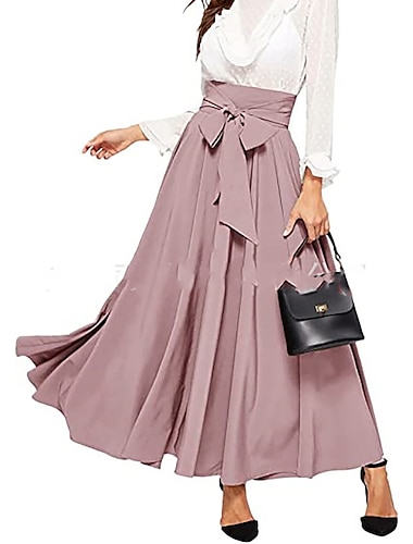  Women's Swing Pleated Work Skirts Maxi Cotton Blend Black Yellow Pink Wine Skirts Fashion Elegant Casual Street Going out S M L
