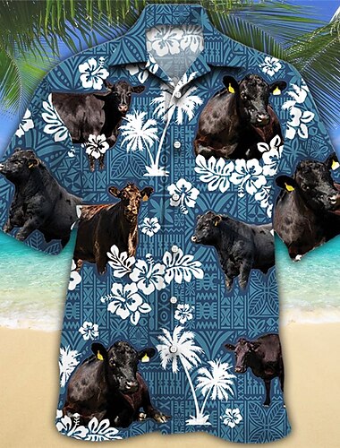 Homens Floral Vaca Tropical Camisa Social Camisa havaiana Camiseta Aloha Manga Curta Camisa Aberto para a Lateral Tropical Moda Havaiana Casual Havaiana Feriado Azul S M L