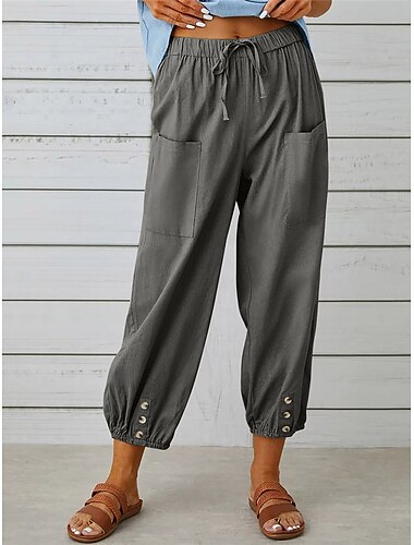  Dames loungewear broek set van 100% katoen, eenvoudige casual comfortabele broek, effen kleur, met zakken, elastische tailleband, geschikt voor vakantie, thuis en dagelijks gebruik, in zwart, wit, legergroen, marineblauw, blauw, zomer, lente en herfst.
